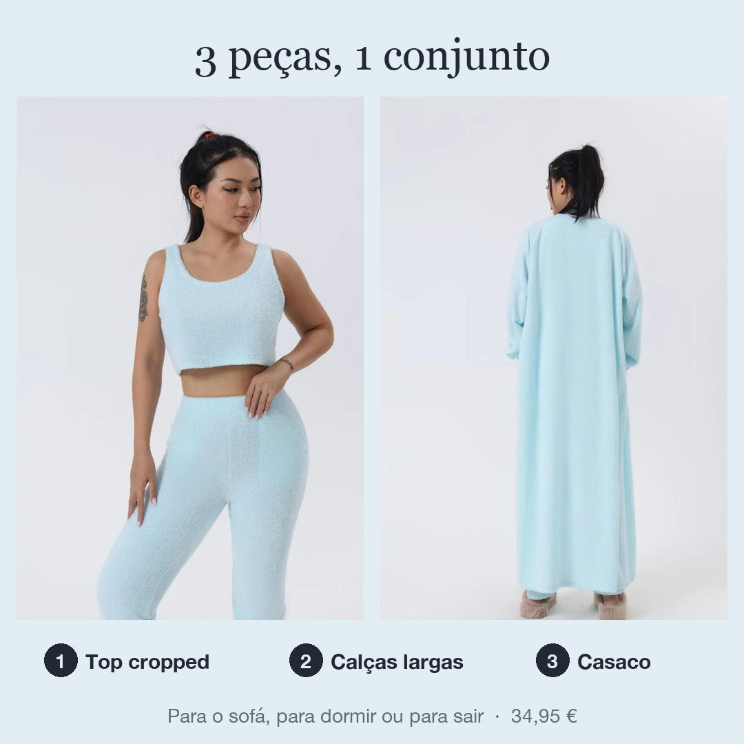 Conjunto loungewear – top cropped, calças largas e casaco