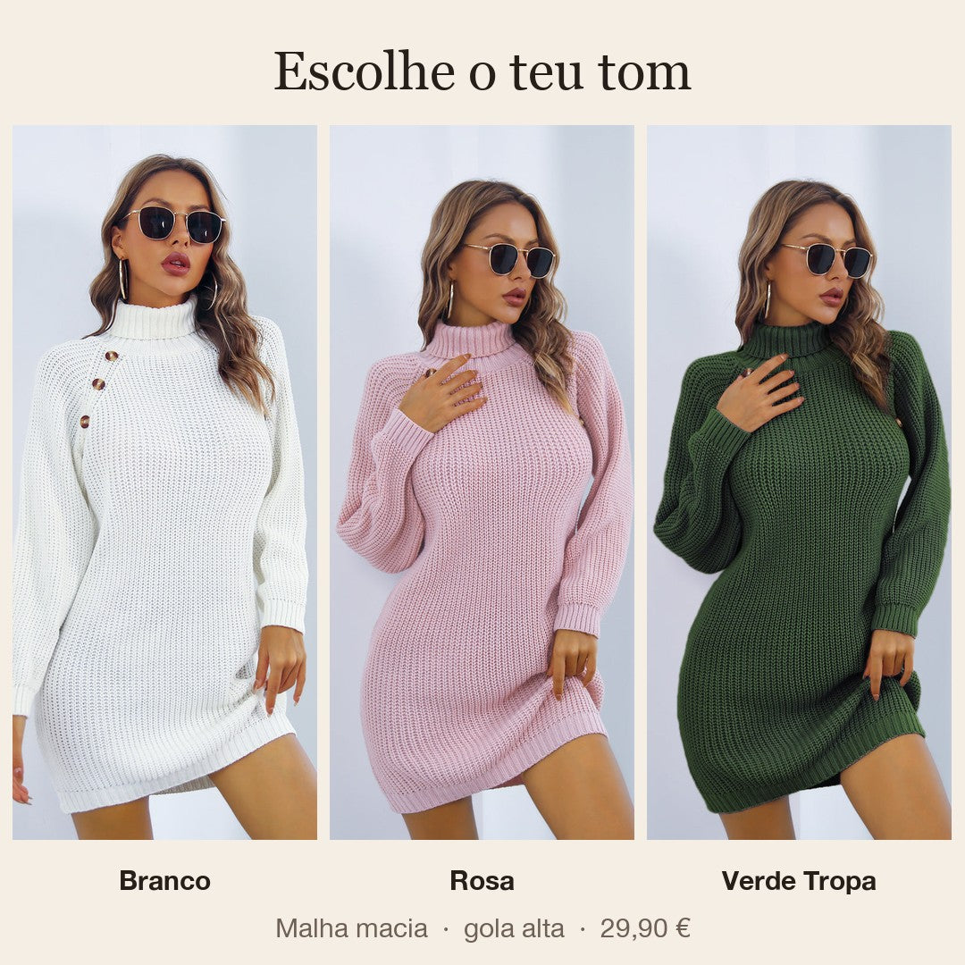 Vestido de malha com gola alta – branco, rosa e verde tropa