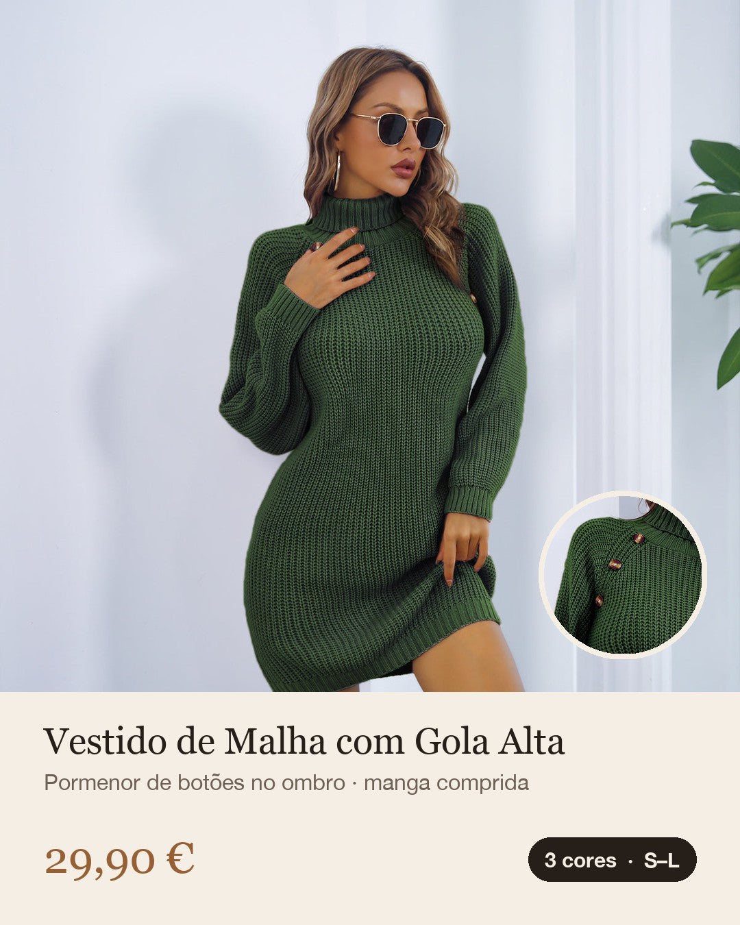Vestido de malha com gola alta e botões verde tropa – Zyva Store